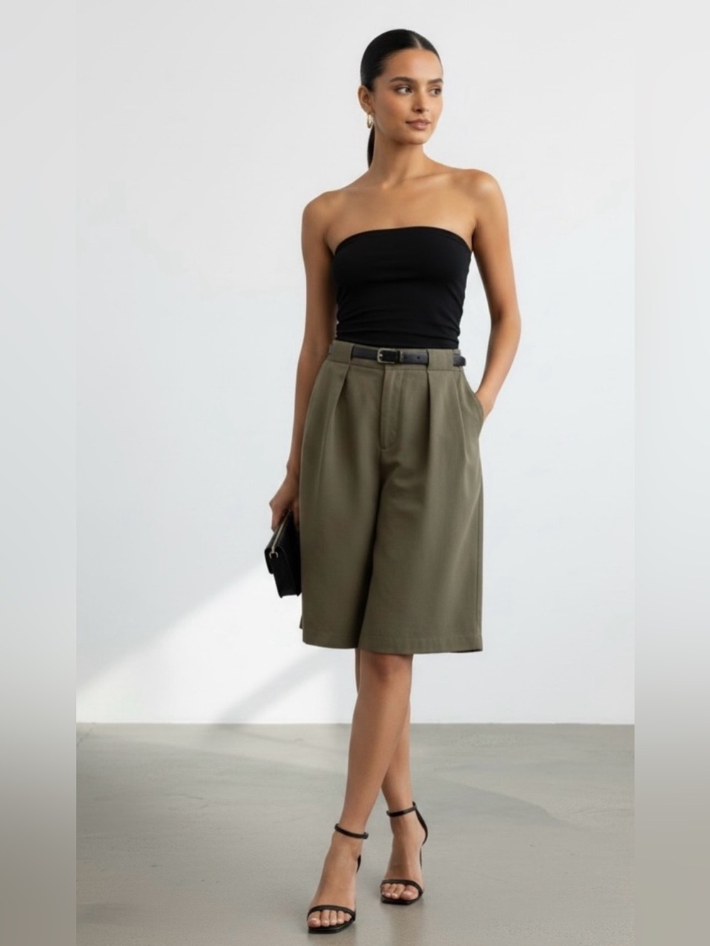 NWT Active USA Olive belted | Pleated Bermuda slant pocket shorts sz M
